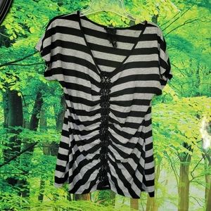 (3340-6)No tag Top, Blk/Gray Stripe,Lace trim  XL,
